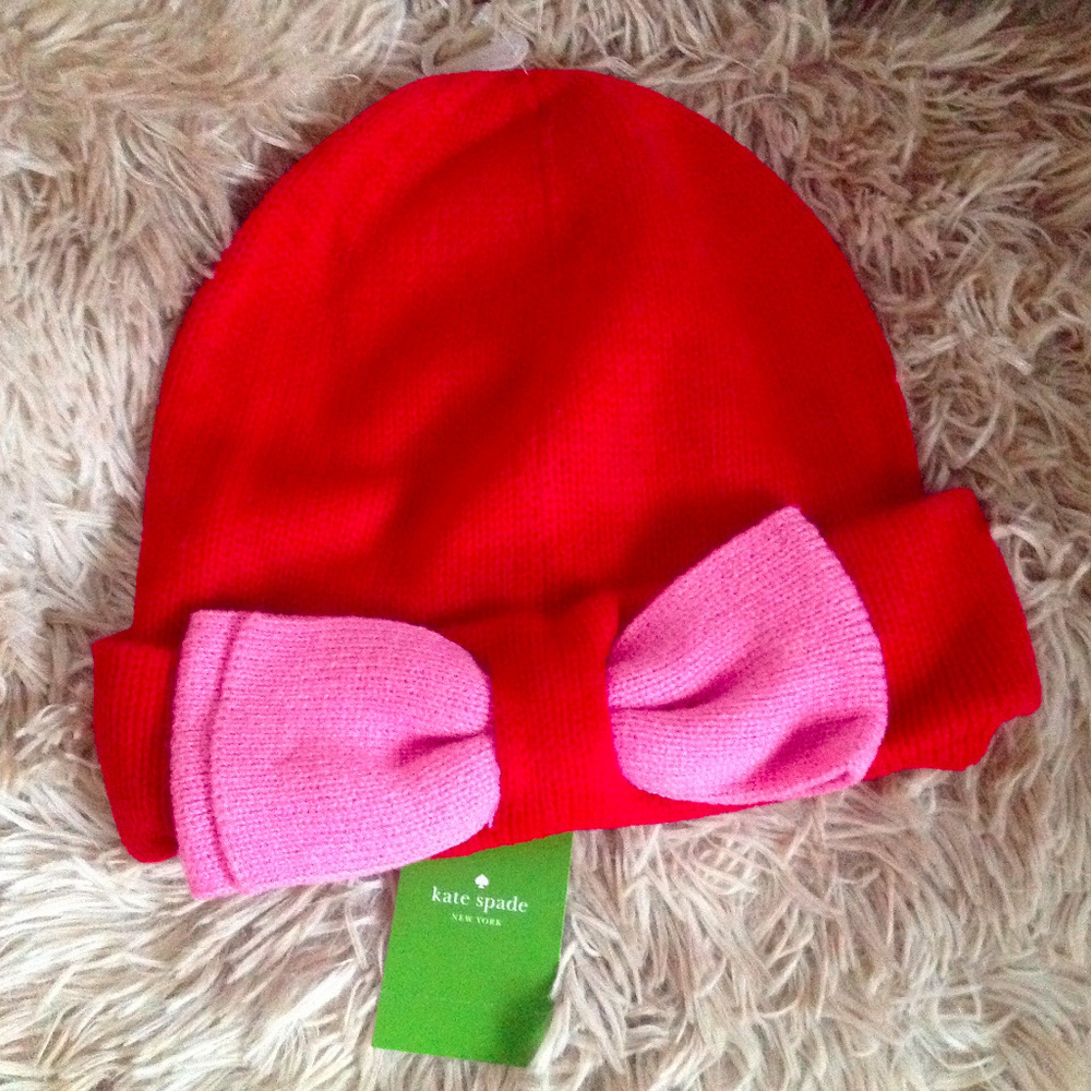 Kate Spade Red Pink Bow Beanie